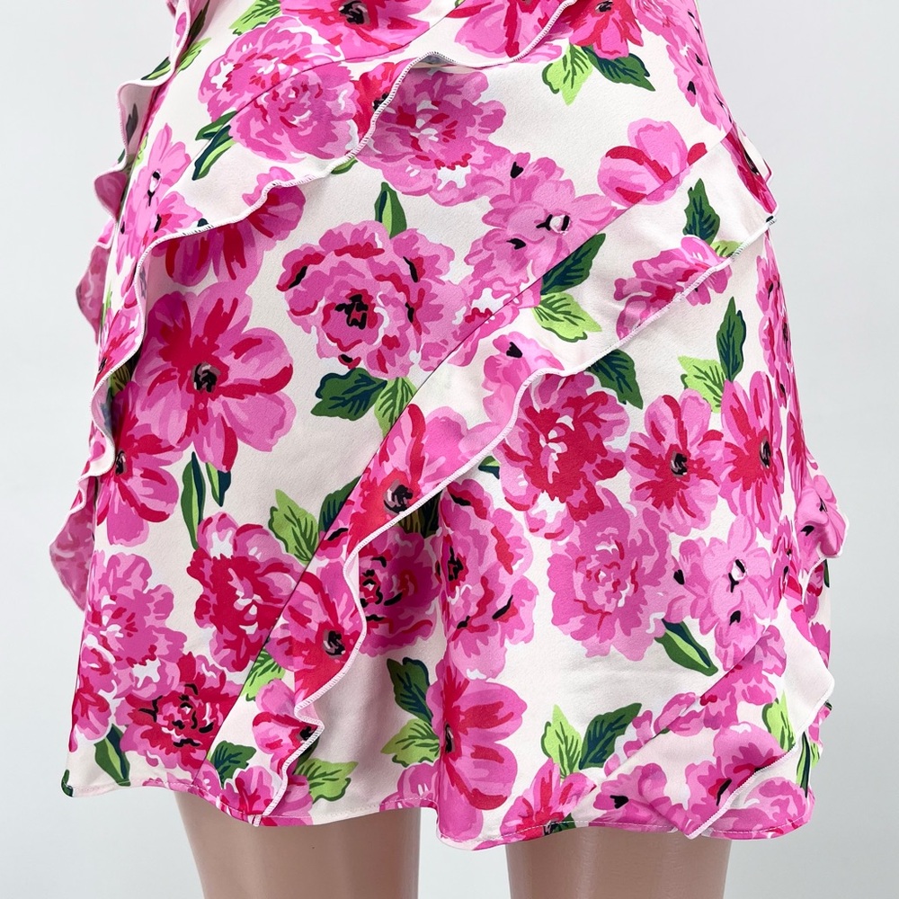 NWT Show Me Your Mumu Rosa Ruffle Pink Floral Satin Mini Dress Size Medium - Picture 9 of 15